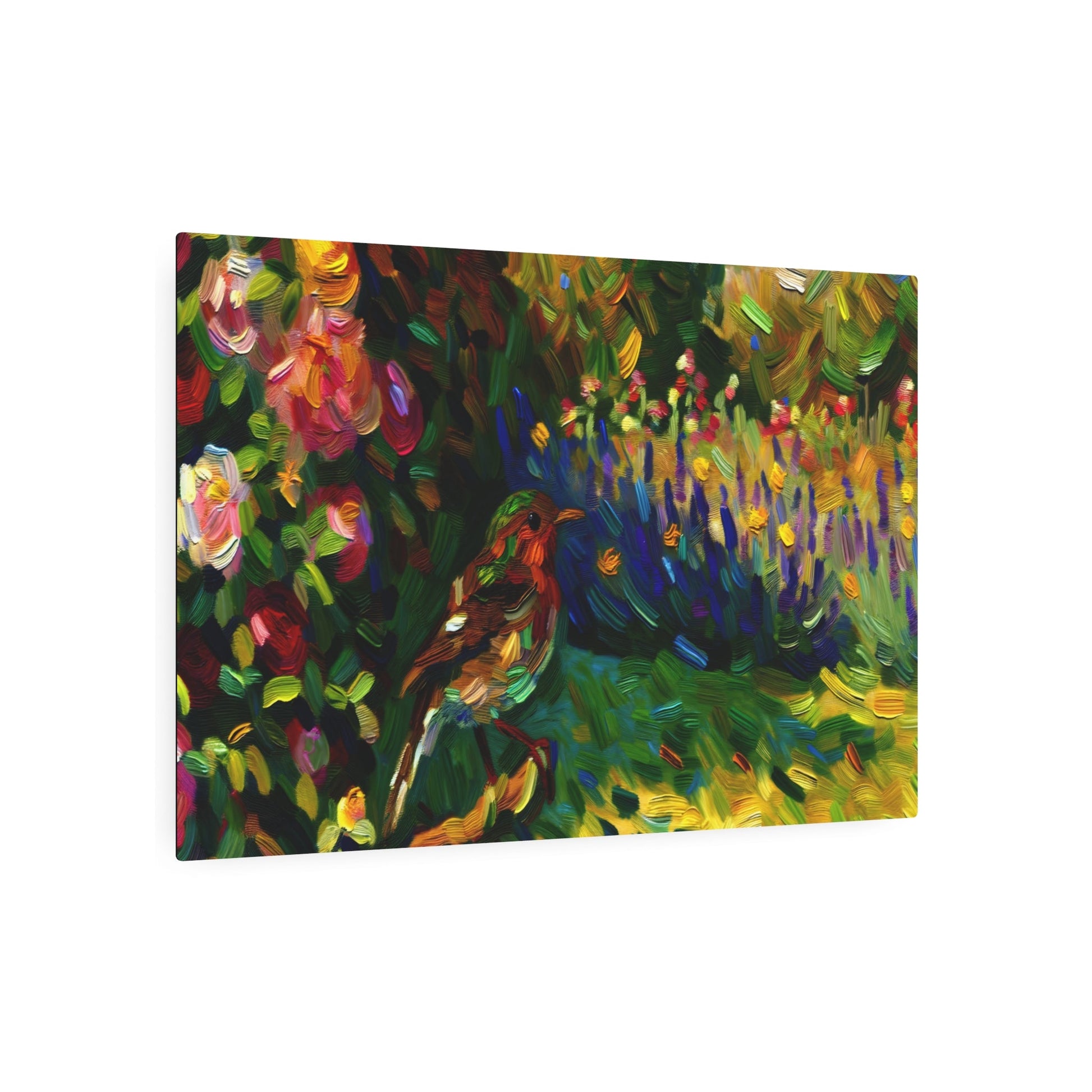 Metal Poster Art | "Impressionist Western Art Style - Vibrant Sunlit Garden with Bird amongst Flowers" - Metal Poster Art 36″ x 24″ (Horizontal) 0.12''