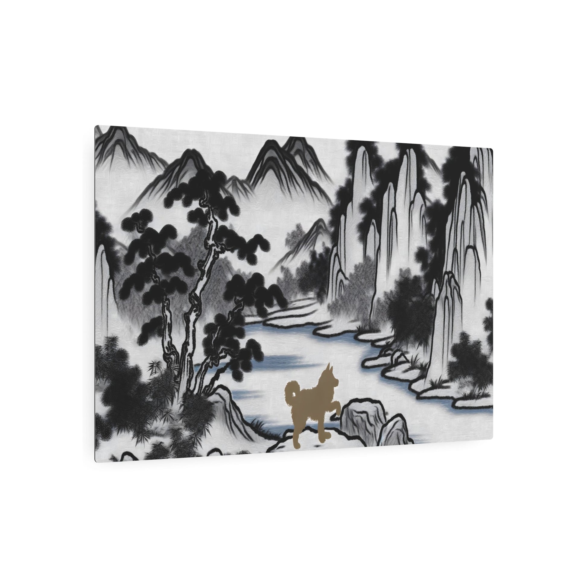 Metal Poster Art | "Traditional Chinese Landscape Art Piece with Dog Interaction - Asian Art Styles, Chinese Landscape Category" - Metal Poster Art 36″ x 24″ (Horizontal) 0.12''