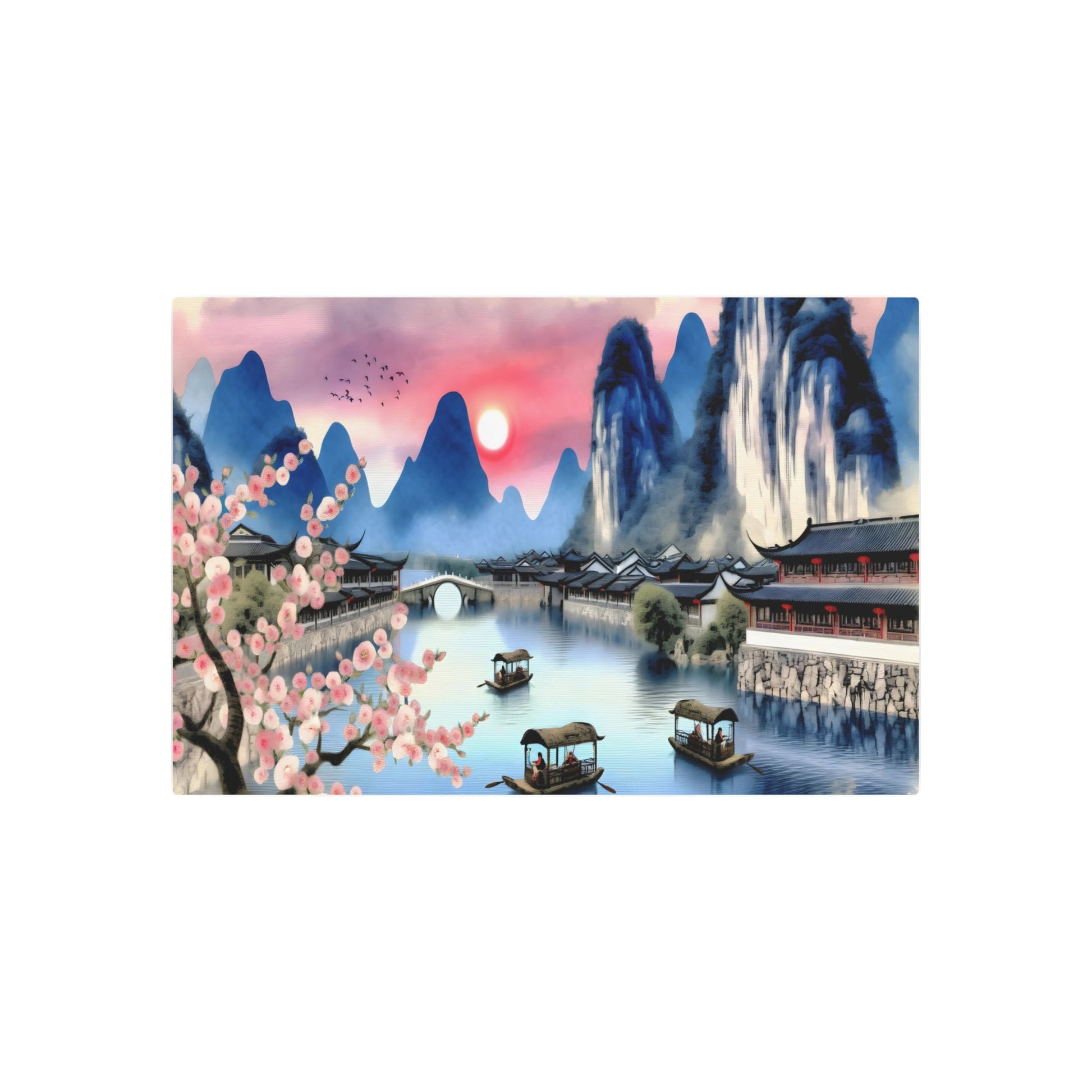 Metal Poster Art | "Traditional Chinese Landscape Watercolor Painting: Serene River, Majestic Mountains, Ancient Architecture, Cherry Blossoms - Inspired by Tang and Song Dynasty Art - Metal Poster Art 36″ x 24″ (Horizontal) 0.12''