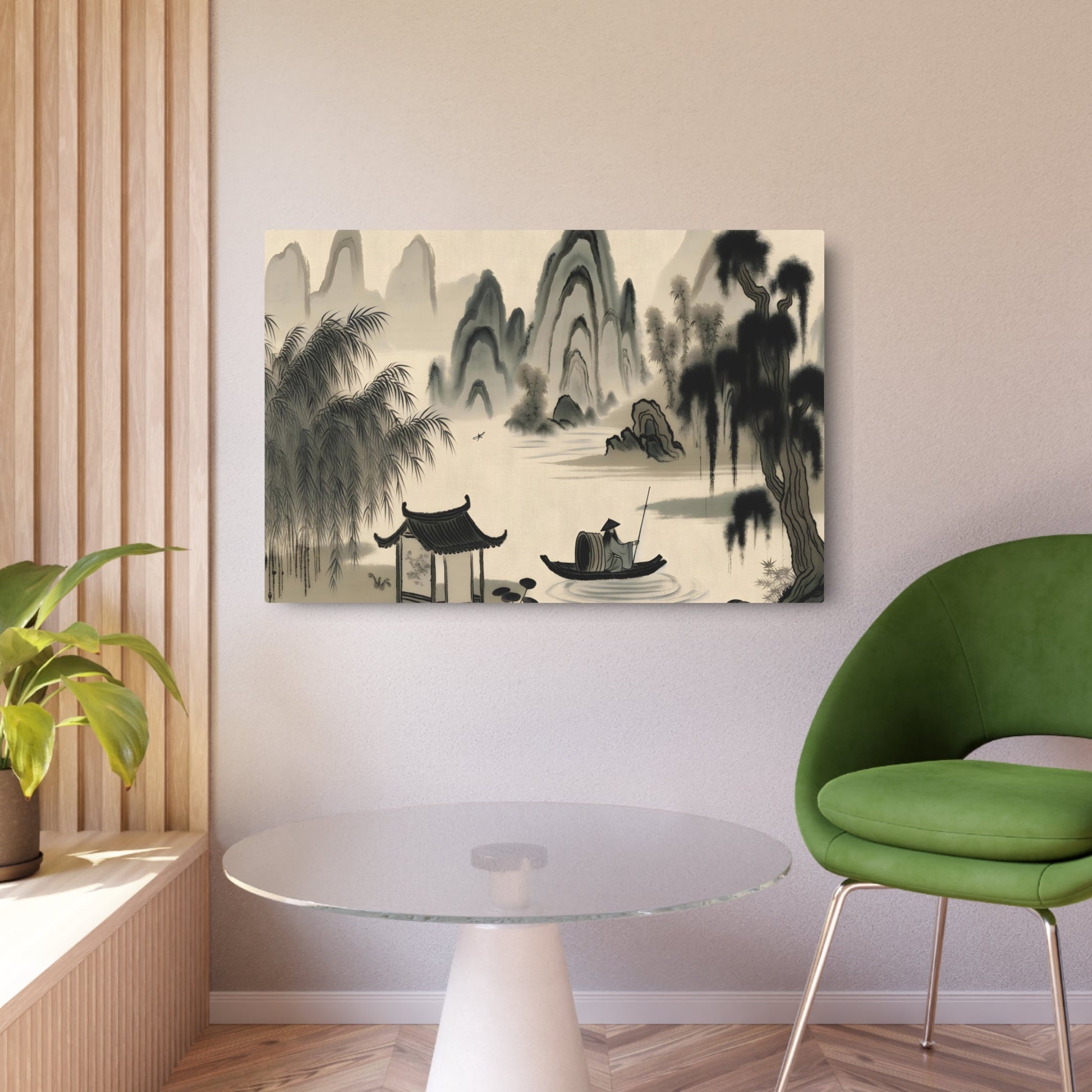 Metal Poster Art | "Song Dynasty Inspired Chinese Landscape Art - Intricate Mountains, Rivers & Traditional Elements in Muted Shades of Black, Gray & Green with Touches of - Metal Poster Art 36″ x 24″ (Horizontal) 0.12''