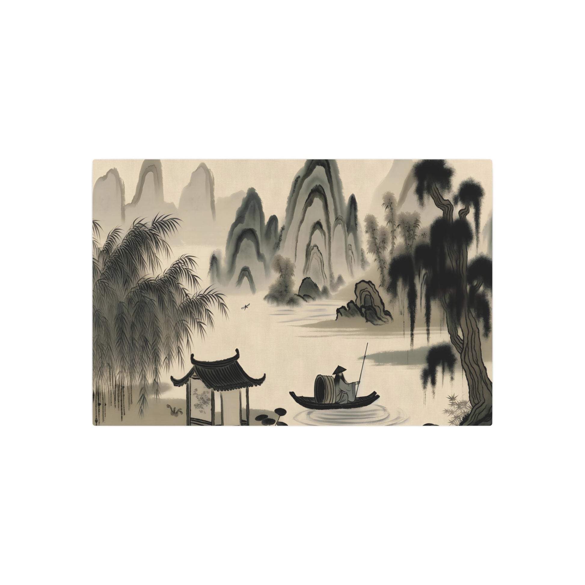 Metal Poster Art | "Song Dynasty Inspired Chinese Landscape Art - Intricate Mountains, Rivers & Traditional Elements in Muted Shades of Black, Gray & Green with Touches of - Metal Poster Art 36″ x 24″ (Horizontal) 0.12''